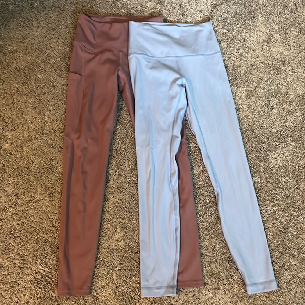 leggings bundle, blue and mauve pair of leggings